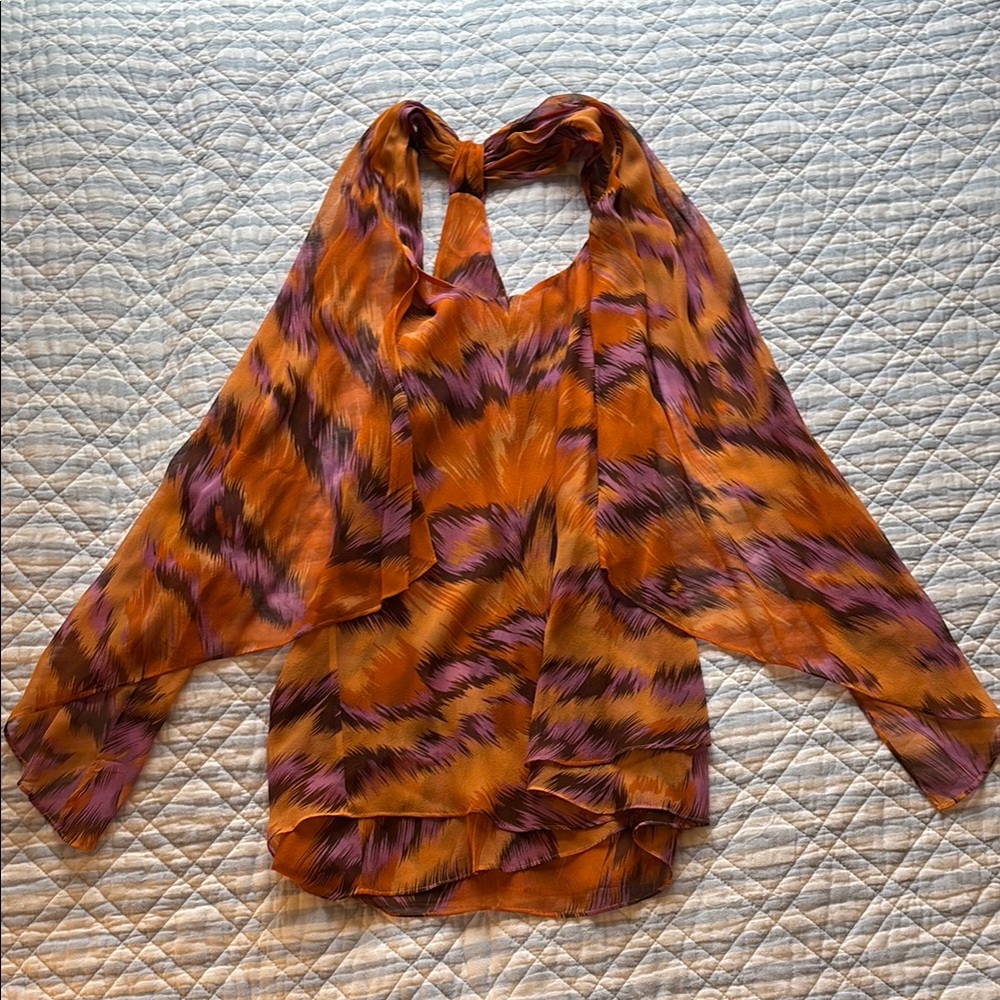 Diane Von Furstenberg Asymmetrical Orange and Purple Long Sleeve Blouse